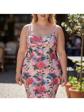 Fashion Nova Pink Floral Bodycon Midi Dress XL NWT